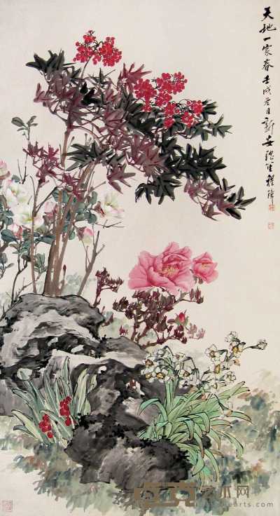 程璋 壬戌（1922年）作 花卉 立轴 151×82cm